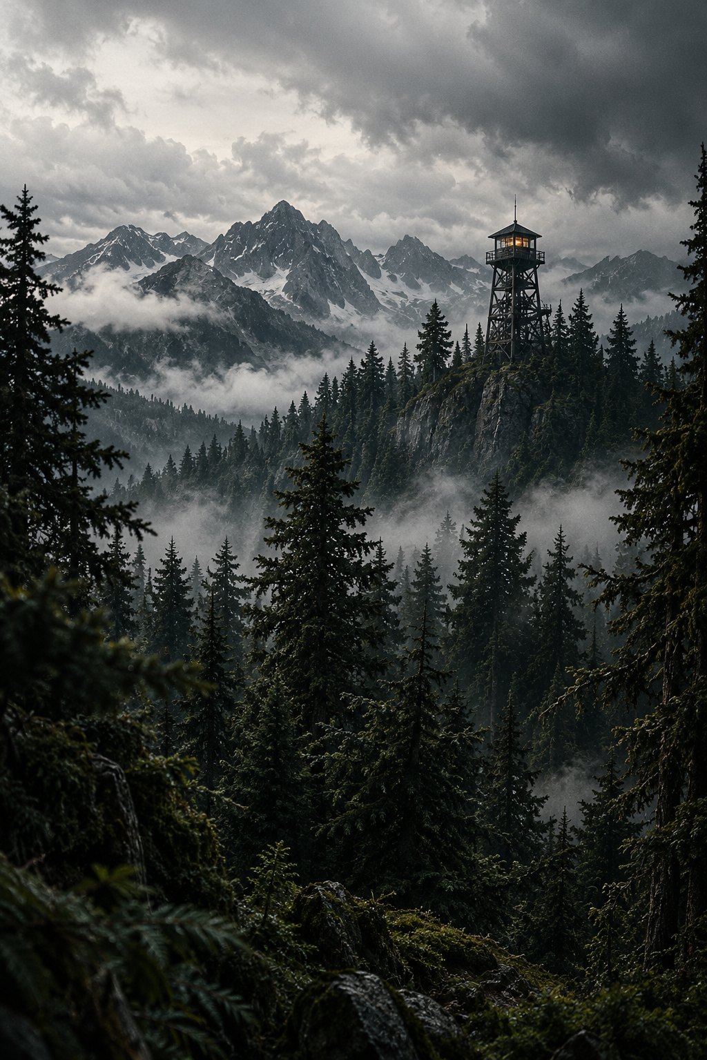 Previously published concept artwork of a fire lookout above the forest